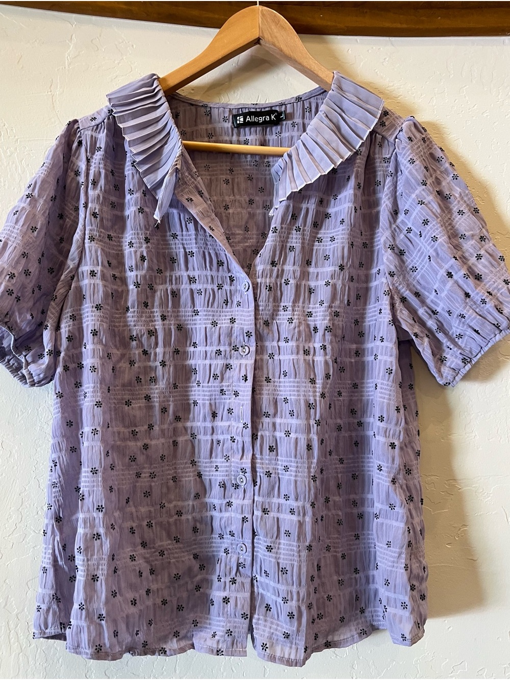 Allegra K Lavender Pleated Collar Button-Down Blouse